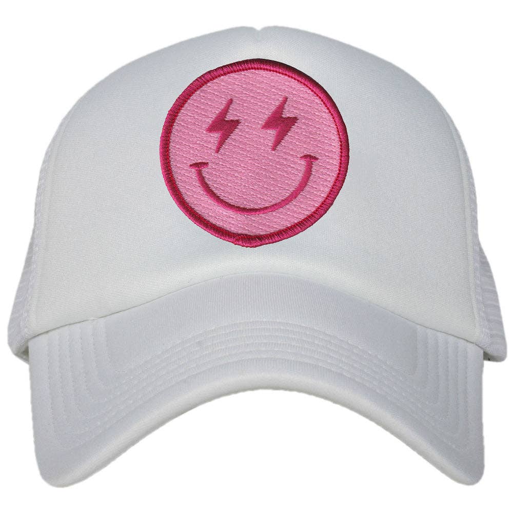 Hot Pink Lightning Happy Face Foam Trucker Hat: Blue