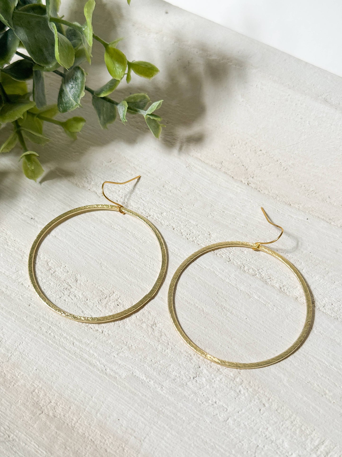 Large Brushed Gold Circle Hoop Earrings on Gold Hook