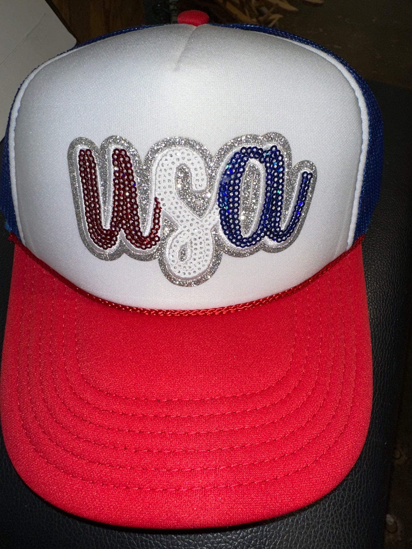 USA script sequin trucker hat