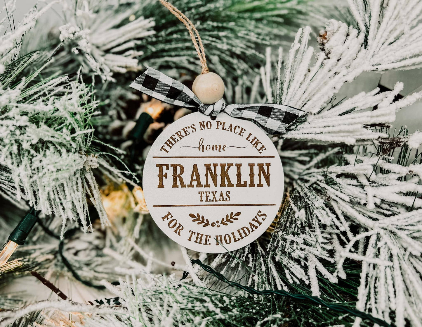 "No Place Like Home" - City/State Ornament - White w/plaid bow