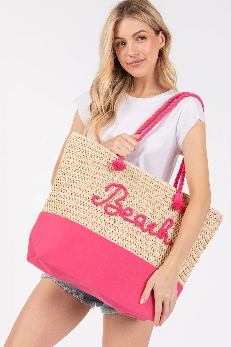 Sewn Rope Beach Letter Straw Tote Bag