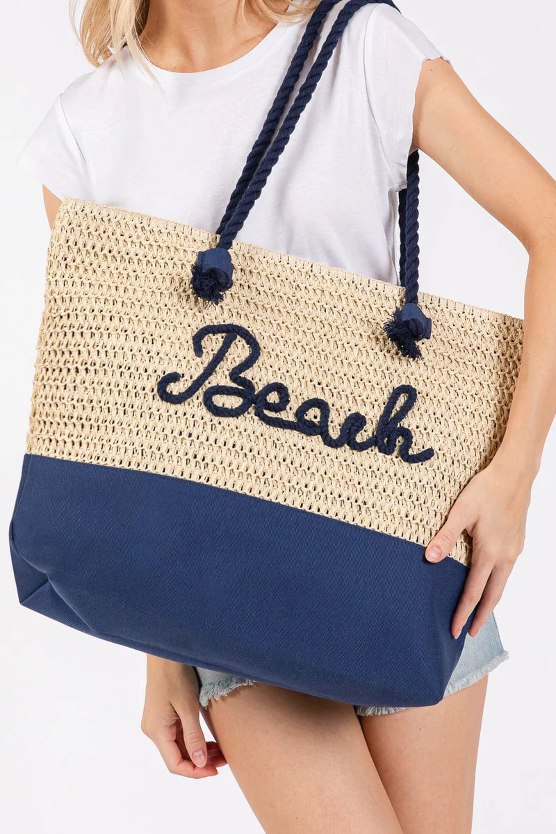 Sewn Rope Beach Letter Straw Tote Bag