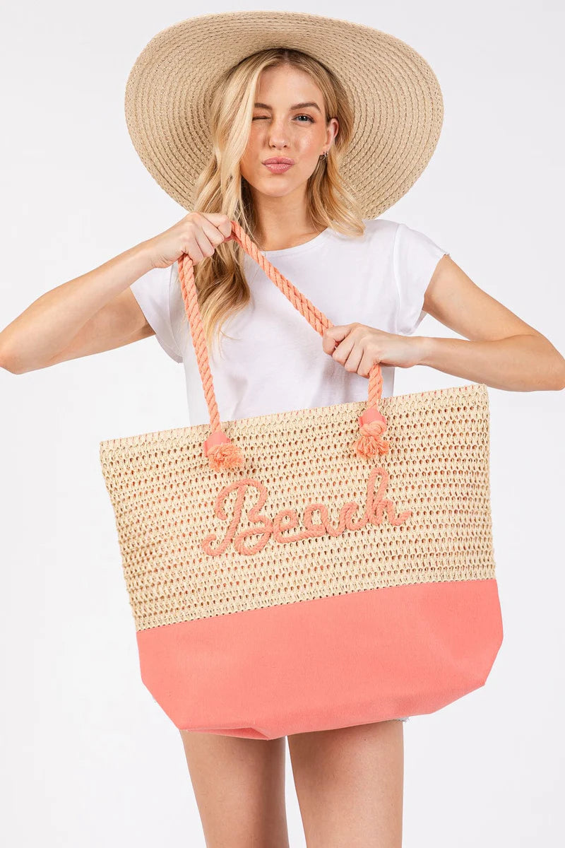 Sewn Rope Beach Letter Straw Tote Bag