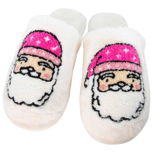 Pink Santa Face Women's House Slippers: White / L/XL