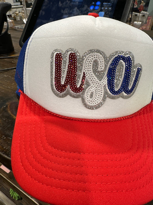 USA script sequin trucker hat