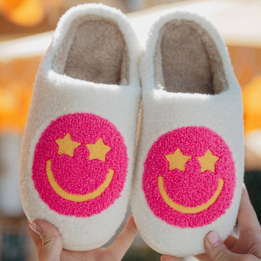 Hot Pink Star Eyed Happy Face Slippers: White / M/L