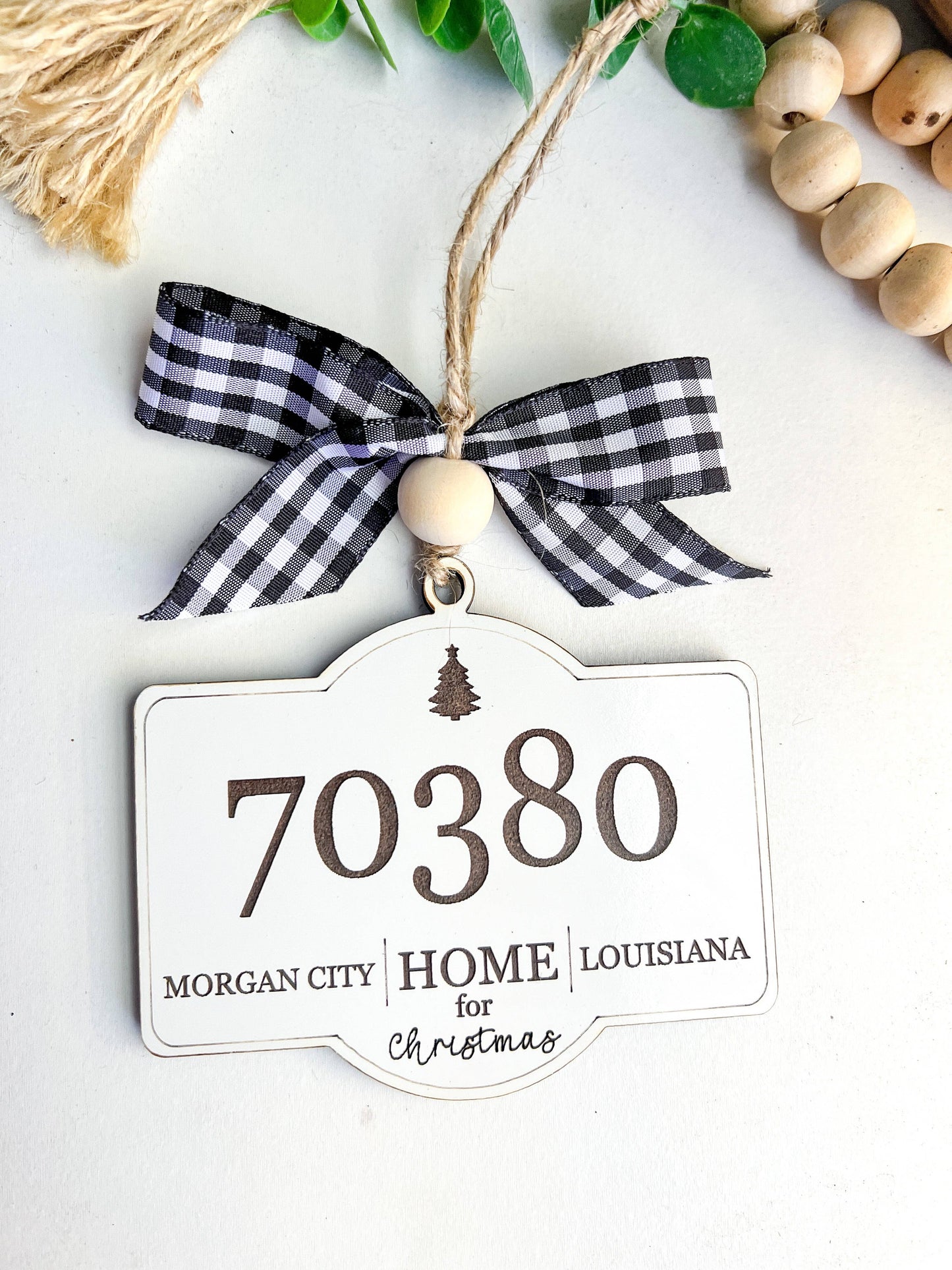 Zip Code Christmas Ornament Custom City & State: White Buffalo Plaid