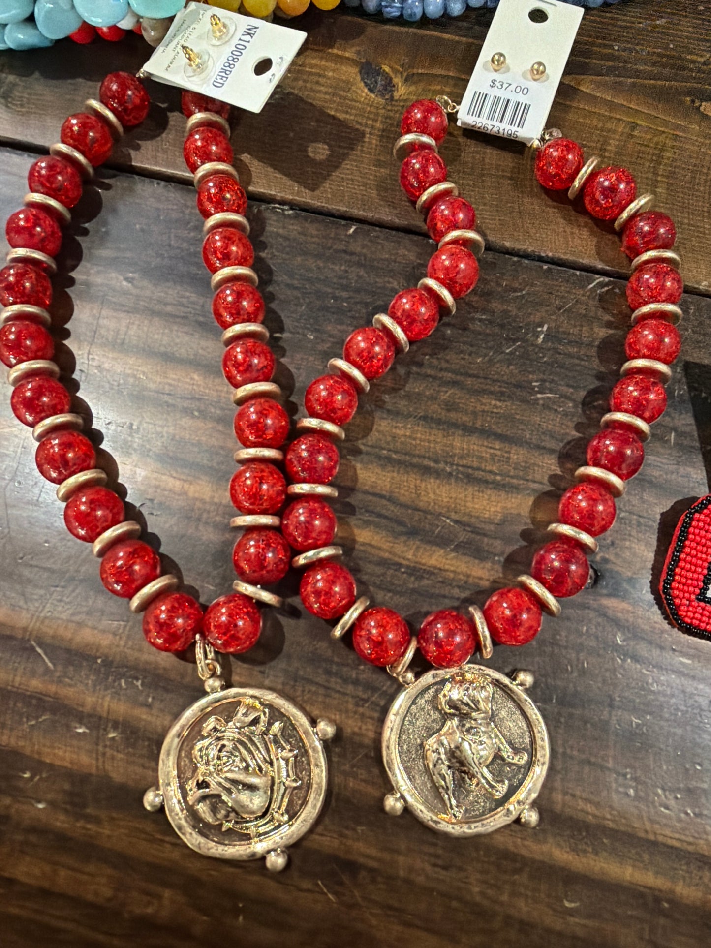 Bulldog red beaded coin necklace