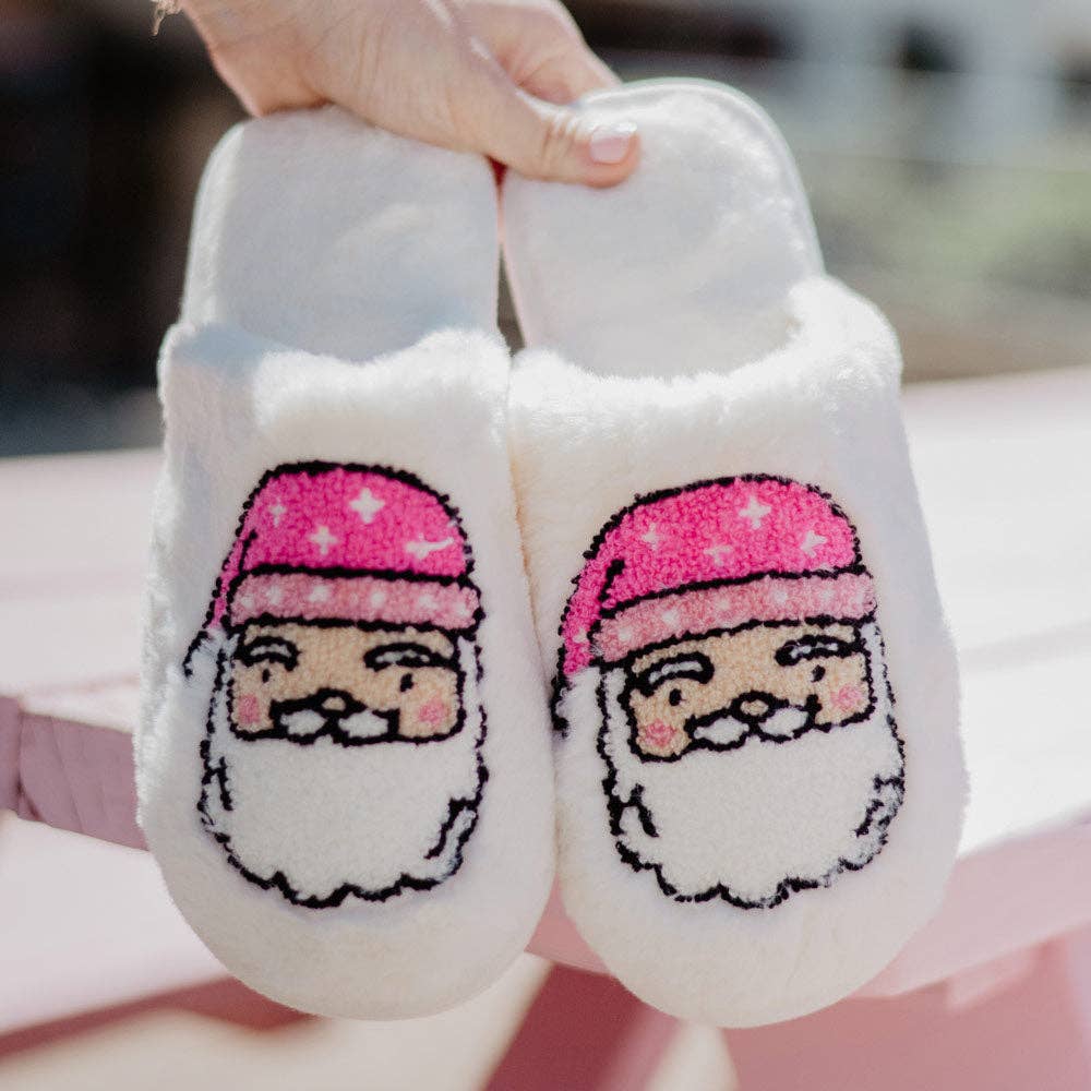 Pink Santa Face Women's House Slippers: White / M/L