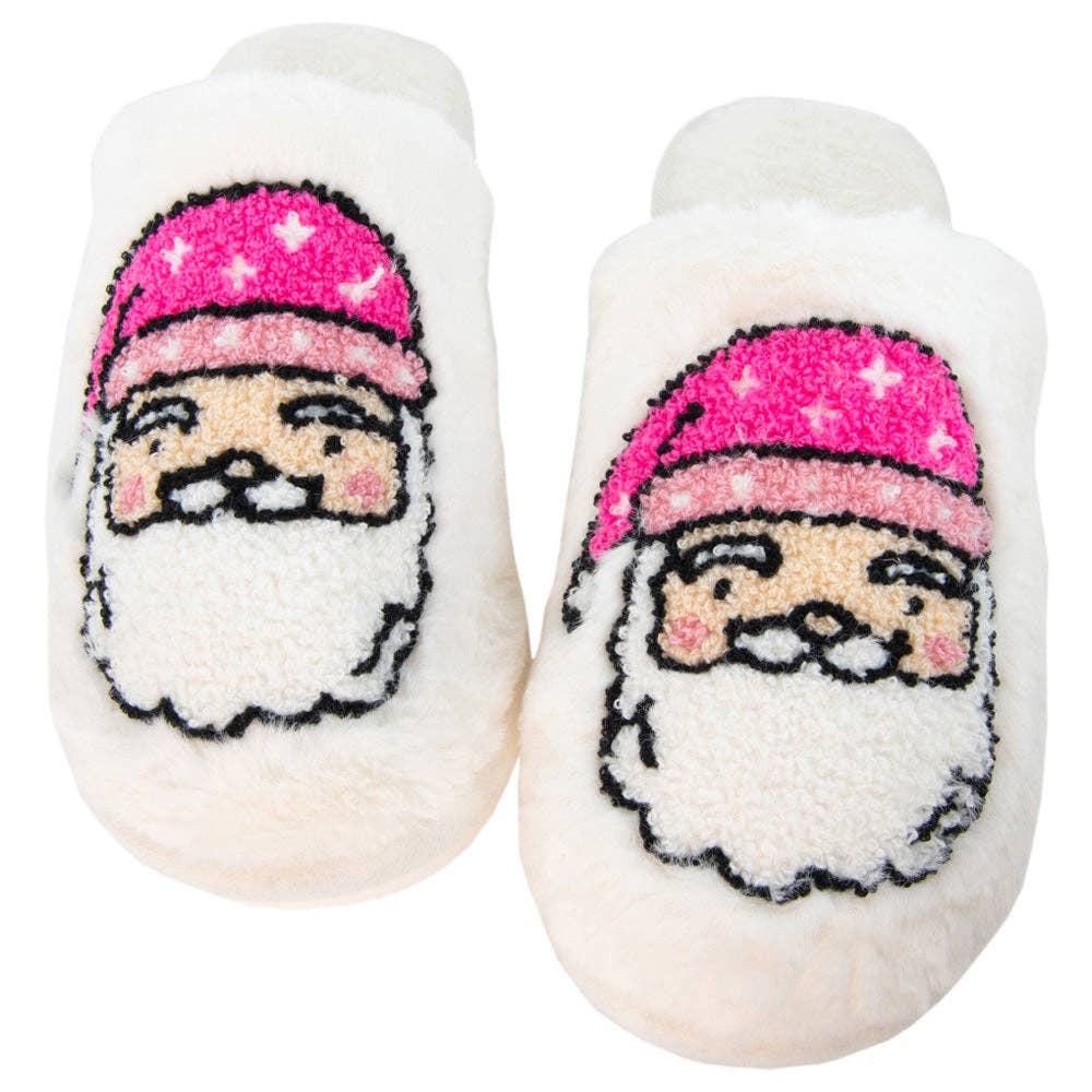 Pink Santa Face Women's House Slippers: White / L/XL