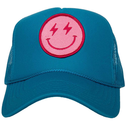 Hot Pink Lightning Happy Face Foam Trucker Hat: Blue