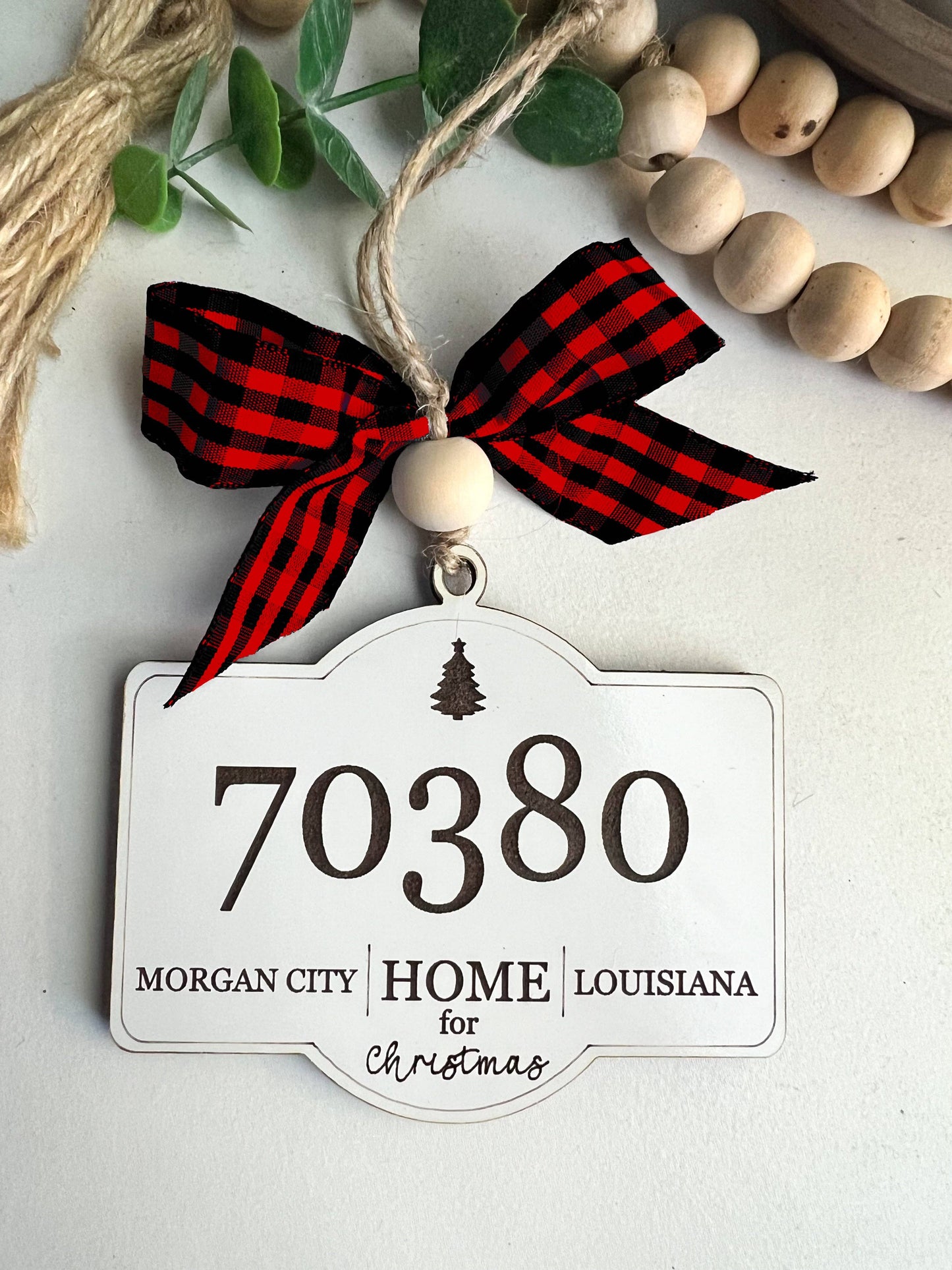 Zip Code Christmas Ornament Custom City & State: White Buffalo Plaid