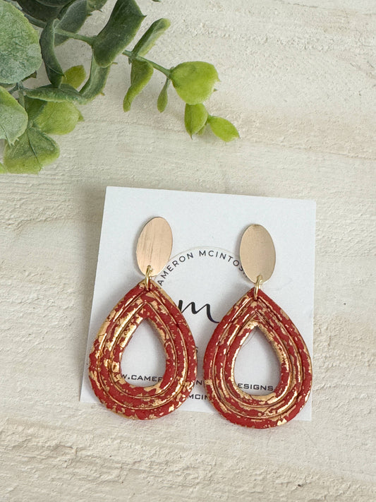 Red Polymer Clay + Gold Leaf Teardrop Earrings | Oval Post