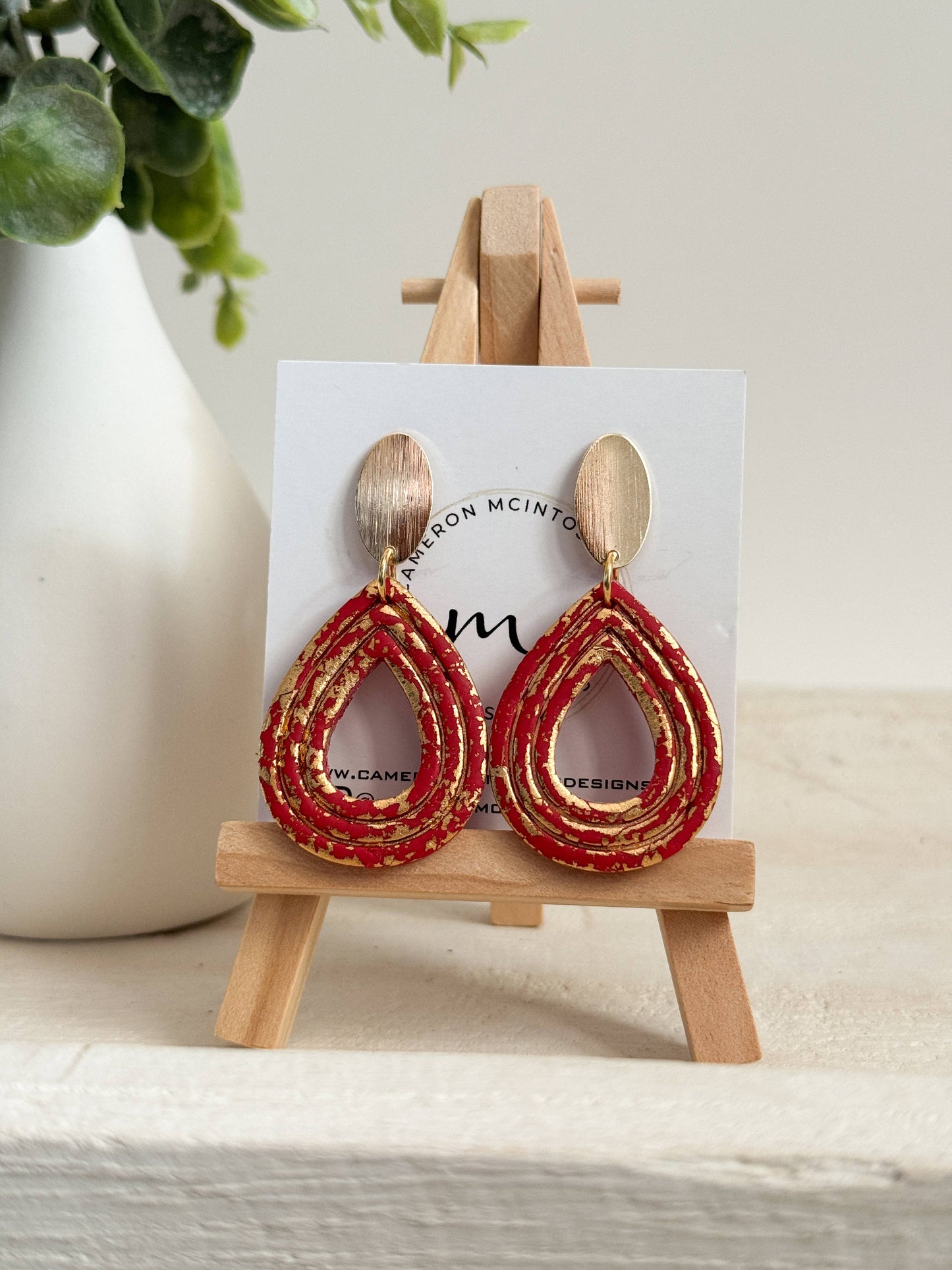 Red Polymer Clay + Gold Leaf Teardrop Earrings | Oval Post