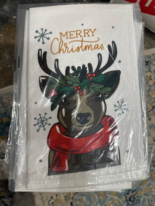 Merry Christmas reindeer tea towel