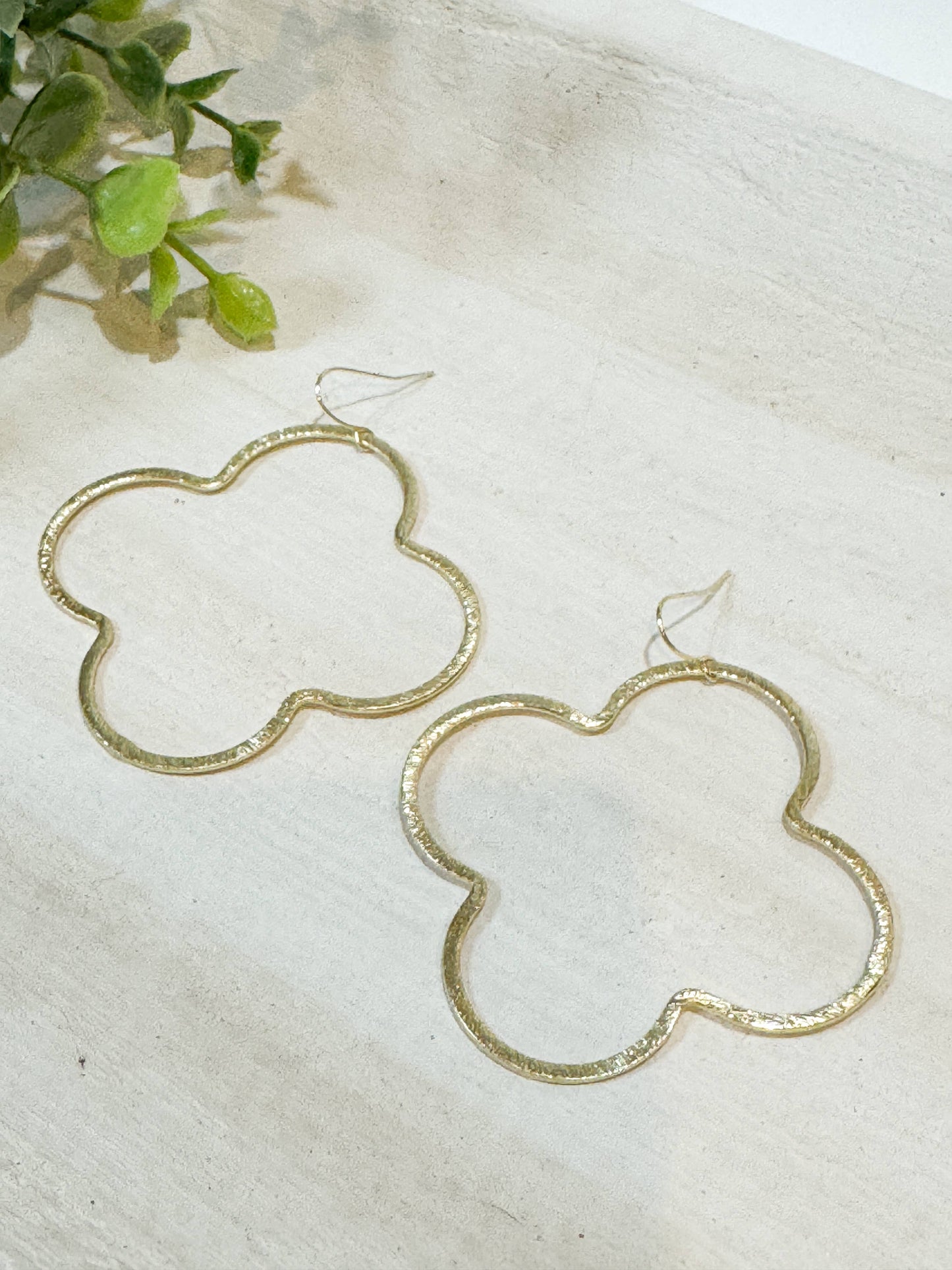 Large Light Brushed Gold Quatrefoil Earrings on Gold Hook