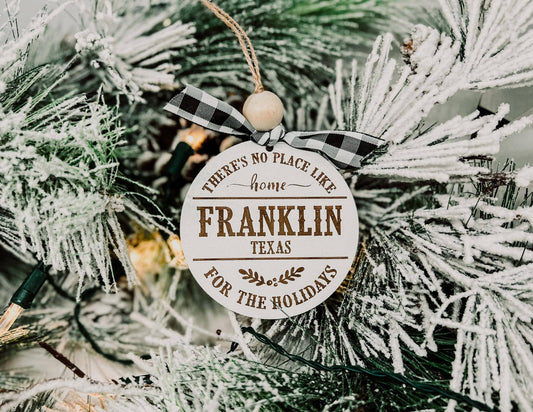 "No Place Like Home" - City/State Ornament - White w/plaid bow