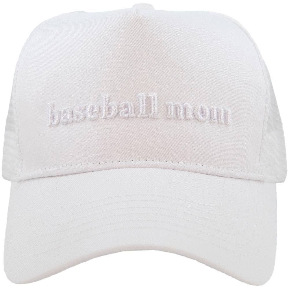 Baseball Mom 3-D Embroidered Trucker Hat: White