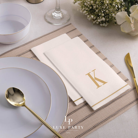 K Gold Monogram Paper Disposable Dinner Napkins | 14 Napkins: 14 Guest Napkins - 4.25" x 7.75"