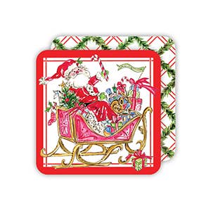 Handpainted Santa in his Sleigh Square Coaster